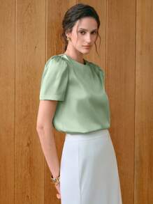 Uhlyne 女士优雅圆领短袖府绸衬衫，通勤风格 - 薄荷綠 - 查看 6