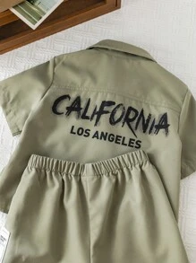 SHEIN Leap Crew 2 Stücke/Set lässiger College Stil bequemer vielseitiger Buchstaben Dekor Kurzarmhemd mit weitem Kragen & Shorts mit elastischem Bund, geeignet für Frühlings- und Sommerausflüge, Partys, für Baby Jungen/Mädchen - Grün - Übersicht 8