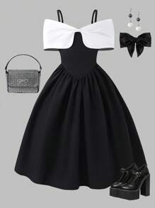 Sparklyn 女孩优雅奢华公主派对礼服，带蝴蝶结肩带，双色低腰公主礼服，假日，夏季，旅行 - 黑色 - 查看 1