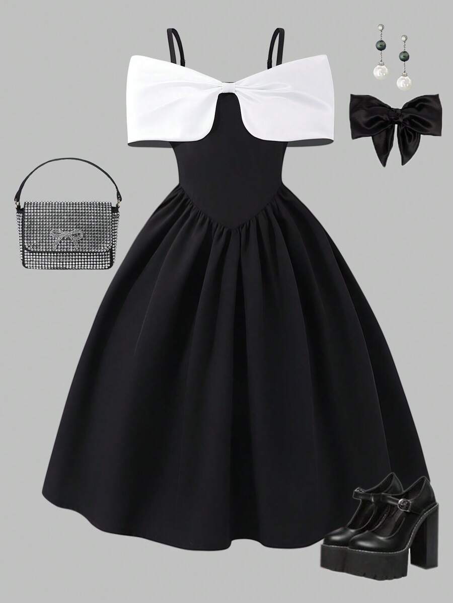 Sparklyn 女孩优雅奢华公主派对礼服,带蝴蝶结肩带,双色低腰公主礼服,假日,夏季,旅行 - 黑色 - 查看 1