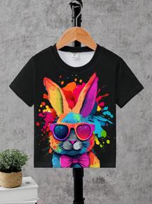 Young Boys' Fashionable Colorful Tie-Dye Rabbit Pattern Short Sleeve Round Neck T-Shirt, Casual Summer - Black - View 4