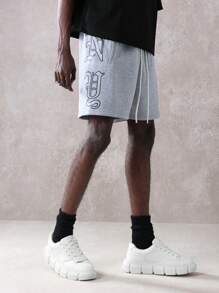 SUMWON Retro Athletic Drop Crotch Basketball Shorts Casual Gym Training Running Summer Workout Shorts With Gothic Letter Print Design Elastic Waistband Streetwear - Grey - View 1