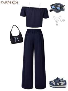 SHEIN Explorewe 2pcs/Set Tween Girls Academy Style Casual Commuter Asymmetrical Shoulder Short Sleeve & Wide Leg Pants Youth Girl Clothes Summer Holiday - Navy Blue - View 2