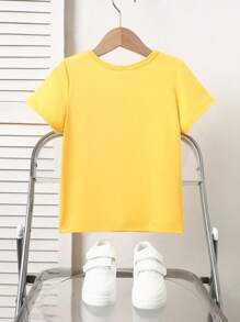 SHEIN 年轻男孩黑色字母印花休闲圆领短袖 T 恤，夏季 - 黃色 - 查看 2