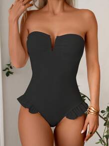 Swim Mod 女士度假优雅性感荷叶边简约泳衣，夏季 - 黑色 - 查看 4