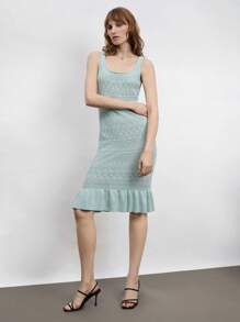 Maija Trang phục mùa hè màu xanh cho nữ, cổ vuông, vải họa tiết rỗng, không tay, váy thời trang tối giản thanh lịch, thích hợp cho lễ hội âm nhạc ngoài trời, váy len dệt kim dài vừa phải - màu xanh lá - Xem 2