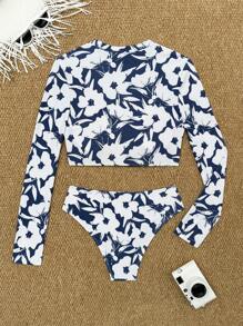 Swim SPRTY 全新夏季女士沙滩装套装，圆领长袖蓝白花卉印花休闲度假冲浪服 - 藍白色 - 查看 4