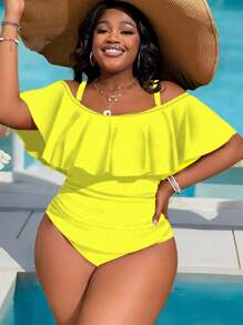 Slaydiva 大码女式露肩荷叶边连体泳衣 - 黃色 - 查看 6
