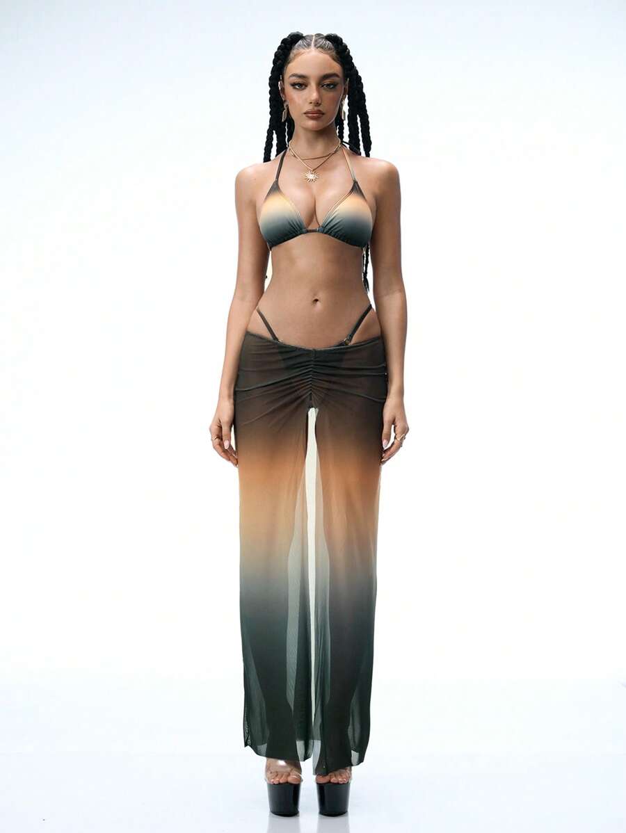 Swim EVENT 3pcs/Set Summer Beach Music Festival Unconventional Sexy Ombre Print Tie Bikini Set - Multicolor - View 1