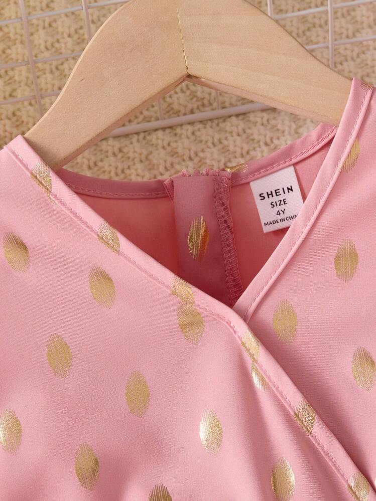 SHEIN Girls Noble Elegant Cute V-Neck Black & Gold Polka Dot Lace Mid-Sleeve Waisted Gold Waistline Dress, Casual Daily Sibling Outfits Matching Outfits (3 Pieces Sold Separately) - Pink - View 4