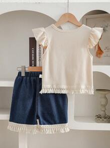 SHEIN Leap Crew 2 件套女童休闲简约舒适圆领盖袖 T 恤和牛仔短裤套装