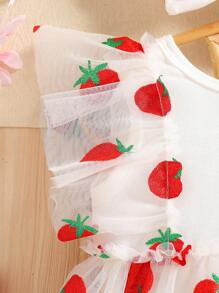 SHEIN Baby Girls' Strawberry Mesh Tutu Romper With 3D Strawberry Hair Clip, Photography Outfit - White - View 4