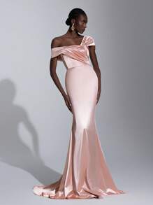 Elitara Elegante y glamoroso vestido de satén elástico plisado a mano de color rosa coral con cuello asimétrico, talle alto y cola de sirena delgada, apropiado para citas, despedidas de soltera, bailes, ceremonias de graduación, cenas formales, eventos de noche y bodas