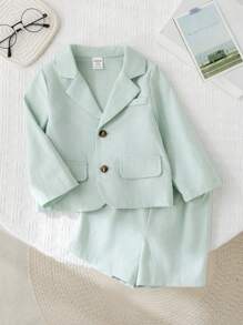 SHEIN 2pcs/Set Infant Boys/Girls Sage Green Summer Casual Long Sleeve Suit Jacket & Shorts Set,Gentleman Outfit,Wedding Guest,Christening,1st Birthday Party - Green - View 6
