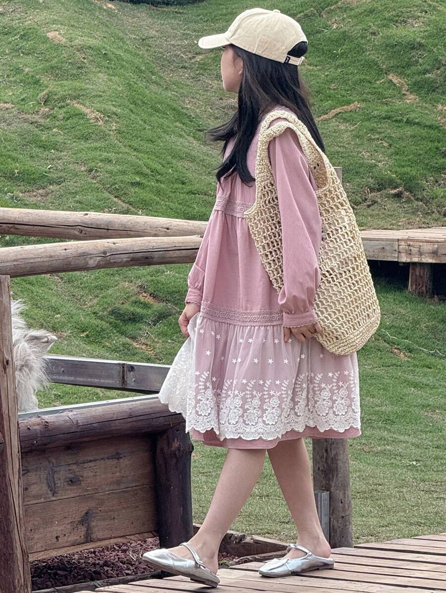 DAZY Mid-Long A-Line Lace Splice Solid Color Princess Round Neck Long Sleeve Tween Girl Dress - Pink - View 1