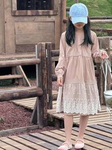 DAZY Tween Girls Mid-Long A-Line Lace Patchwork Solid Color Princess Round Neck Long Sleeve Tween Girl Dress Vacation - Pink - View 4