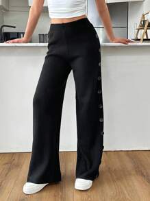 EURMUSE Buttoned Elegance: Side Detail Knit Trousers Women - Black - View 4