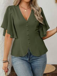 Vionelle 大码女式春夏法式精致优雅办公室休闲度假 V 领纽扣装饰腰部鱼尾喇叭袖短袖衬衫 - 軍綠色 - 查看 6