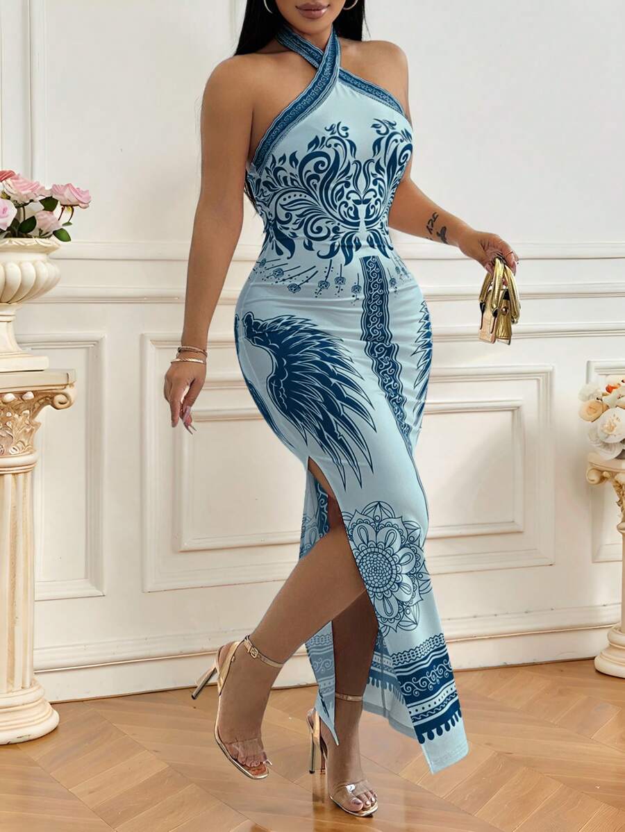 Chiquease Vestido elegante para mujer con escote halter, cintura anudada y abertura alta con estampado, para vacaciones - Azul - Ver 1