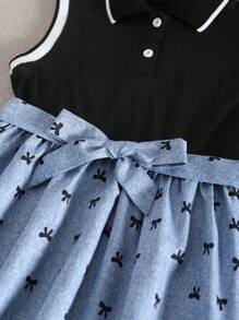 Abito elegante in stile college per ragazza adolescente, collo alla polo, senza maniche, vita alta, corto, con stampa farfalla, 2 in 1 - nero - Visualizzare 3