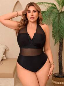 SHEIN Swim Curve 大码女式连体纯色吊带系带网眼拼接海滩度假比基尼泳装 - 黑色 - 查看 6