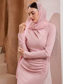 Graceveil Plus Size Muslim Dress With Headscarf, Ruched Figure-Flattering - Pink - View 3