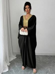 Elenzga Drop Shoulder Linen Mandarin Collar Long Dress - Black - View 5