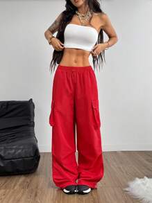 Coolane Pantalones cargo con bolsillo de solapa rojo, cordón en la cintura