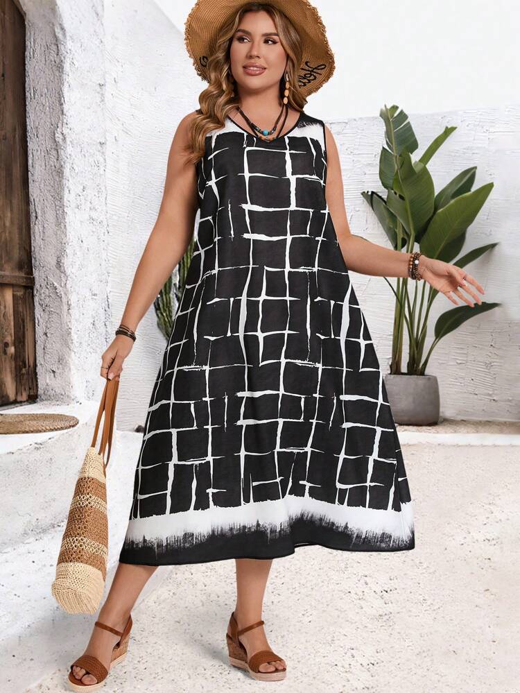 Plus Size Women Plaid Print V-Neck Sleeveless Casual Dress