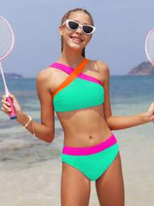 SHEIN Conjunto de bikini de bloques de color para adolescentes, traje de baño casual para la playa