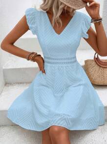 Chiquease Women's V-Neck Contrast Lace Short Dress With Cap Sleeves - Blue - View 6