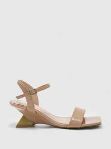 CUCCOO BIZCHIC Apricot Patent Leather Wedge Platform Open Toe Slide Sandals With Strap Design - Apricot - View 6
