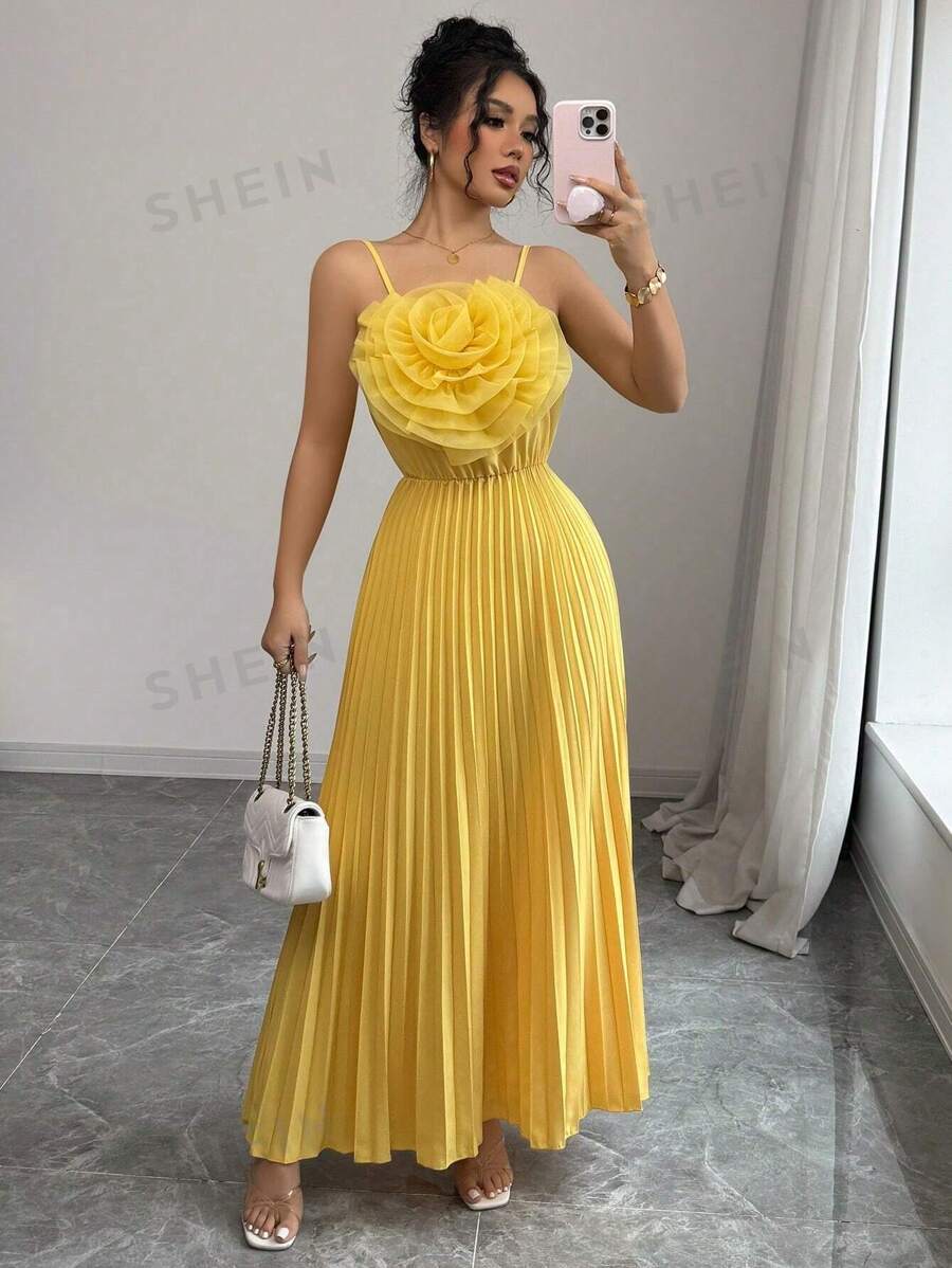 SHEIN PETITE Vestido de línea A con decoración floral elegante, cintura drapeada, cintura alta, apropiado para fiestas y uso diario, color amarillo, para mujer primavera/verano