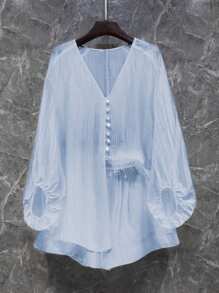 Calvaya 2pcs/Set Women Plus Size Casual Fashionable Versatile Commuting Outfits - Blue - View 1