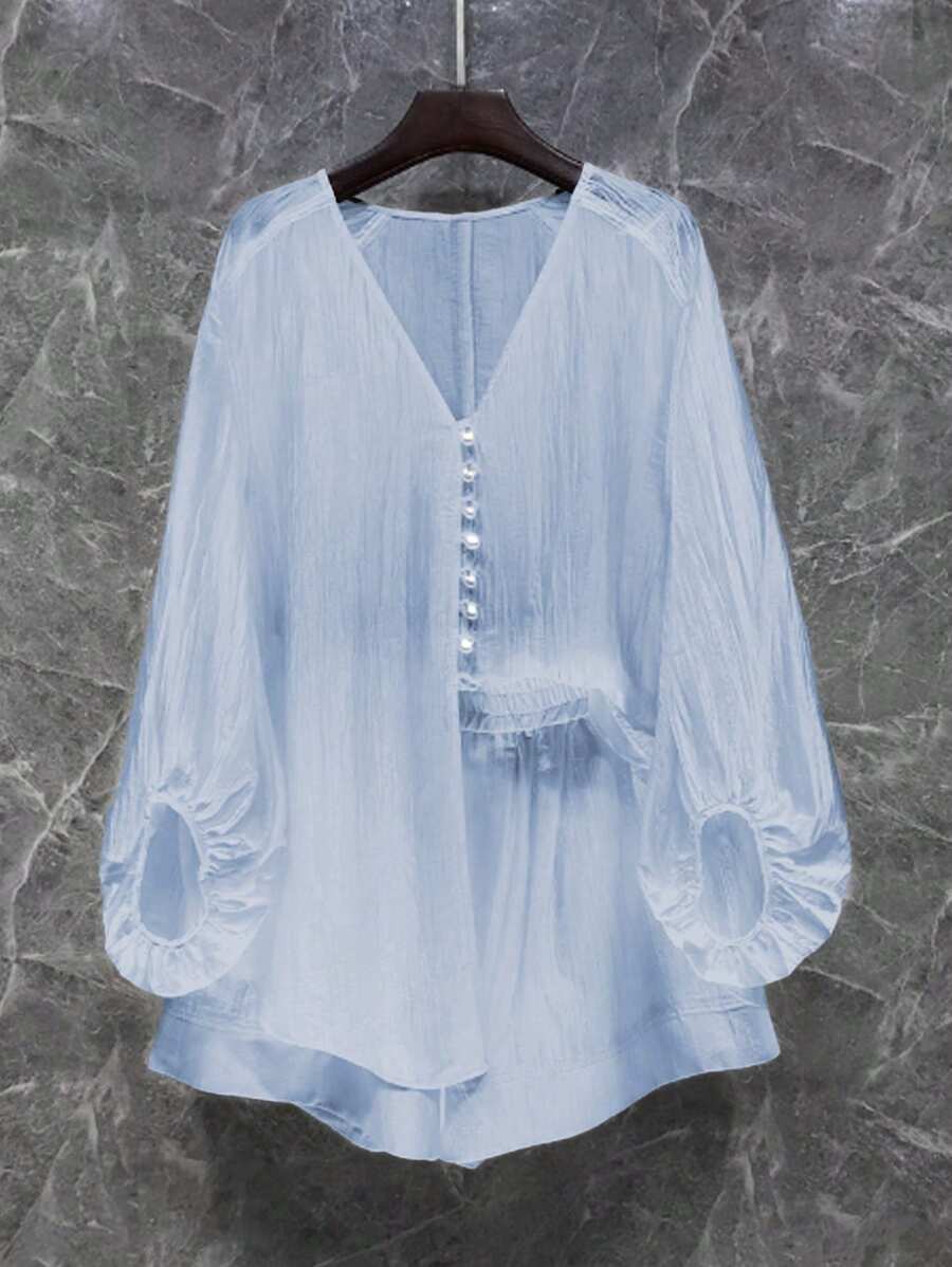 Calvaya 2pcs/Set Women Plus Size Casual Fashionable Versatile Commuting Outfits - Blue - View 1