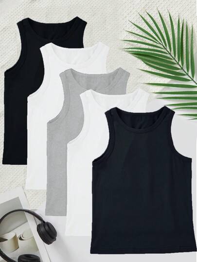 SHEIN 5件/套 男童舒适休闲纯色圆领打底衫，多色可选，适合所有季节