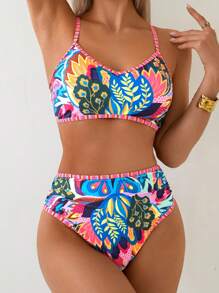 Swim Lushoire 2pcs Beach Summer Outfits For Women, Random Print Camisole Top And High Waist Bikini Bottom Swimwear Set