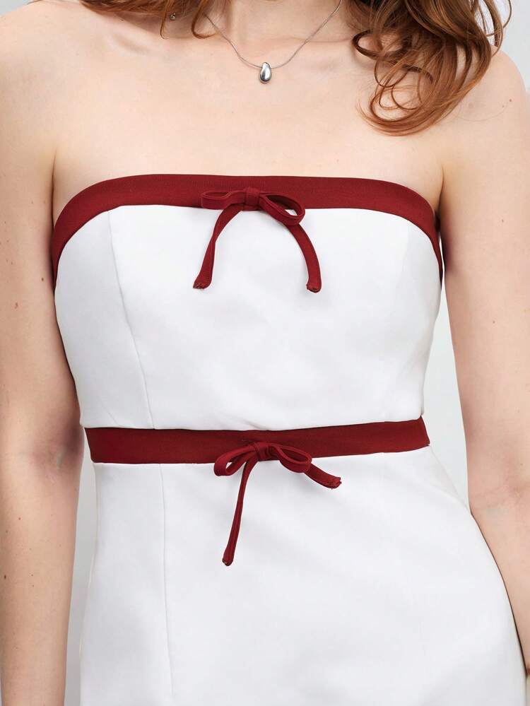 SHEIN Maija Women's Elegant Commuter White And Red Contrast Color Splice Bow Decor Sexy Fitted Mini Dress, Suitable For Music Concerts