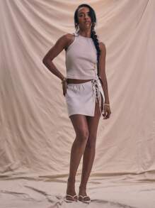 MUSERA Side Tie Linen Woven Mini Skirt Summer Holiday Vacation Cute Chic Elegant Party - White - View 1