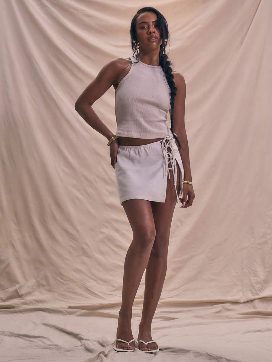 MUSERA Side Tie Linen Woven Mini Skirt Summer Holiday Vacation Cute Chic Elegant Party - White - View 1