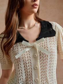 Écloséra Áo len cardigan nữ kiểu Pháp rộng rãi, cổ bẻ, tay ngắn, màu tương phản, khoét sâu, đen trắng, nhẹ, mùa xuân/hè - Đen và trắng - Xem 6