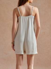 SHEIN Unity Casual Comfortable Versatile Button Decor Strap Beige Linen Jumpsuit For Women, Summer - Khaki - View 2