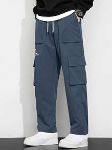 Manfinity Hypemode Loose Men Slogan Graphic Flap Pocket Side Drawstring Cargo Pants - Blue - View 3