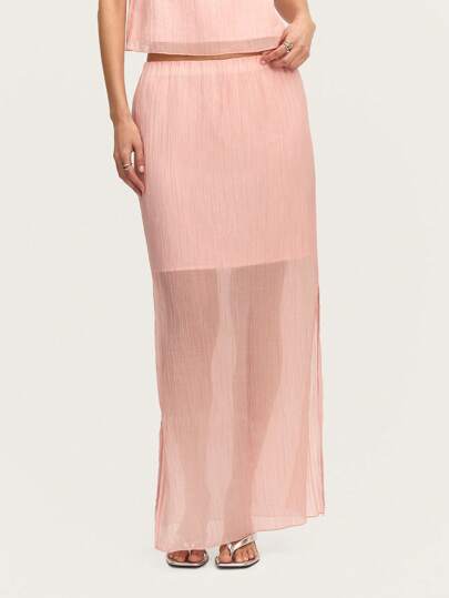 Nöista Cozy Pastel Pink Textured Midi Skirt, Perfect For Summer, Spring, Or Easter. Pair With The Matching Top For A Stylish Set, Ideal For Weddings, Graduations, And Special Occasions.