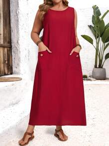 EMERY ROSE Plus Size Women Solid Color Sleeveless Casual Shift Dress With Pockets,Spring/Summer/Vacation - Burgundy - View 7