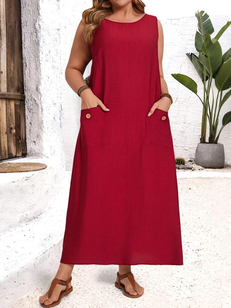Plus Size Women Solid Color Sleeveless Casual Shift Dress With Pockets,Spring/Summer/Vacation