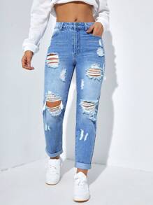 SHEIN EZwear 女式高腰七分破洞牛仔裤，带口袋，休闲 - 中等水洗藍 - 查看 1
