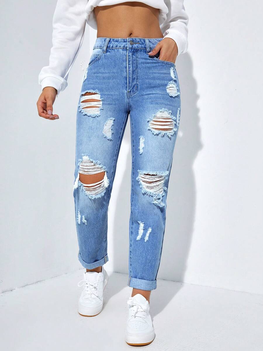 SHEIN EZwear 女式高腰七分破洞牛仔裤，带口袋，休闲 - 中等水洗藍 - 查看 1