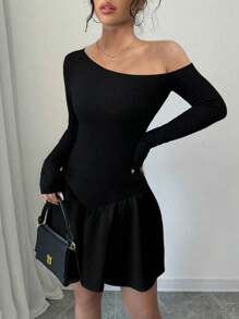 Chiquease Women's Asymmetric Sleeve Patchwork Mini Dress, Spring & Autumn - Black - View 4