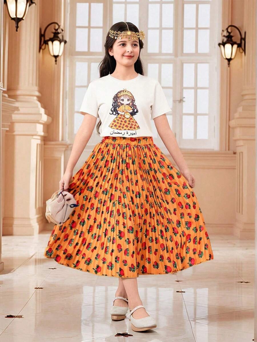 Tween Girl Ramadan Eid Mubarak Ruffle Dress & 2pcs Set, Holiday - Orange - View 1